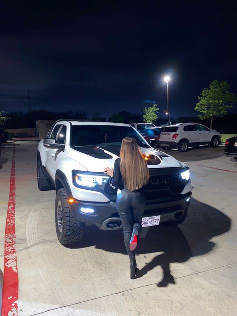 White Ram TRX, with black. Black leather jeans with black christian Louboutin. Ankle booties platforms #christianlouboutin #christianlouboutinshoes #redbottoms #trx #ramtrx #ramtrucks #blondhair Trx Truck, Raptor Ford, Black Leather Jeans, Ram Trx, Dodge Hellcat, Dream Whip, Star Wars Cards, F150 Raptor, Iron Maiden Eddie