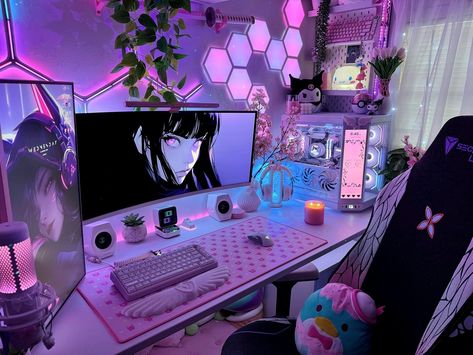 hihi („• ֊ •„)੭ I’ve been sick the past week but I’m finally starting to get better 🩷 in my absence, I did a little change up to the lighting in my setup 👀 we just won’t discuss that it took me several hours to set the panels up because I had a headache and couldn’t focus. I like this lighting setup a lot better! ✨ #gamingsetup #pcsetup #desksetup #pcgamer #gamingcommunity #setupinspiration Pc Set Up Aesthetic, Desktop Asthetic, Cozy Setup, Games Room Inspiration, Room Lighting Ideas, Hangout Room, Otaku Room, Pc Gaming Setup, Gaming Setups