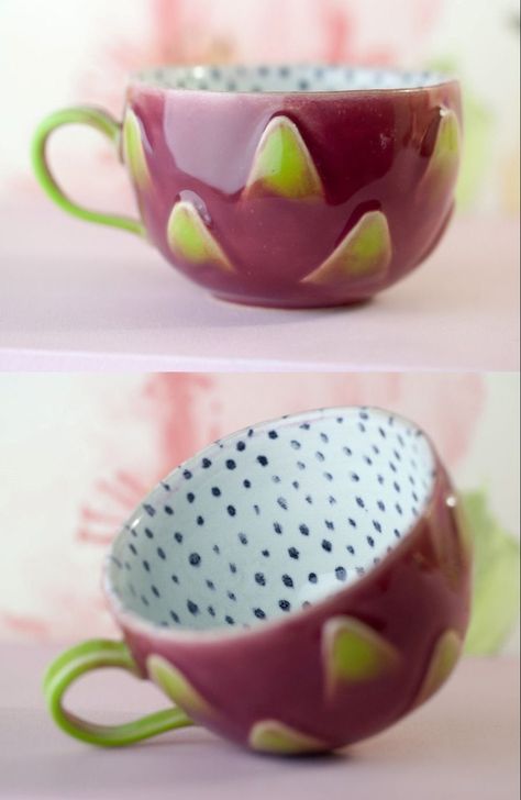 Dragon Fruit Ceramic, Fruit Ceramic Mug, Fruit Pottery Painting, Clay Bowl Designs, Fruit Ceramics, Ceramic Bowl Ideas, Dragon Ceramics, Fruit Pottery, Ceramic Design Ideas