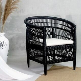 Symka Curved Back Woven Rattan Armchair with Padded Seat - Bed Bath & Beyond - 35732391 Black Arm Chair, Black Rattan Chair, Geometric Chair, Chair Rattan, Black Rattan, Arm Chair Styles, Safari Chic, Black Armchair, Brick Exterior