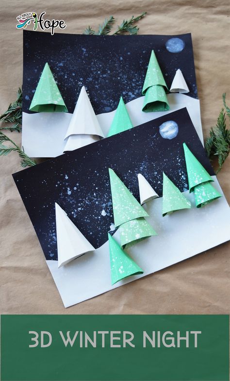 Winter night with snow falling on 3D pine trees. Winter Craft 3rd Grade, Northern Lights Crafts For Kids, Winter Tree Crafts, Flat Tree, Forest Crafts, Snow Is Falling, Night Window, K Crafts, Snow Falling