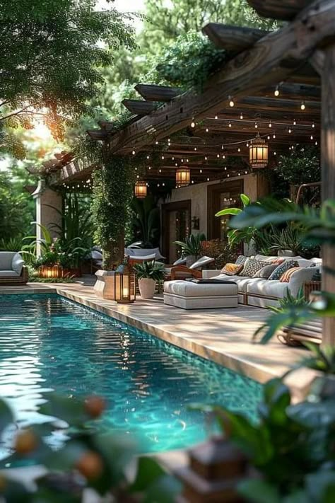 Hotel Outdoor Design, Backyard Landscape With Pool, Amazing Pools Backyard Luxury, Beautiful Backyards With Pools, Vertical Pool, Backyard With Pool Ideas, Luxury Backyards, Outdoor Area Ideas, Backyard With Pool