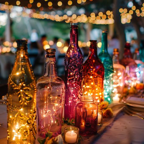 String Lights In A Jar, Fairy Light Jars Wedding, Fairy Light Arch, Fairy Lights In Jars Wedding, Colored Glass Candle Holders, Fairy Lights In Bottles, Bottle Vases Wedding, Ceremony Centerpieces, Fairy Wedding Theme