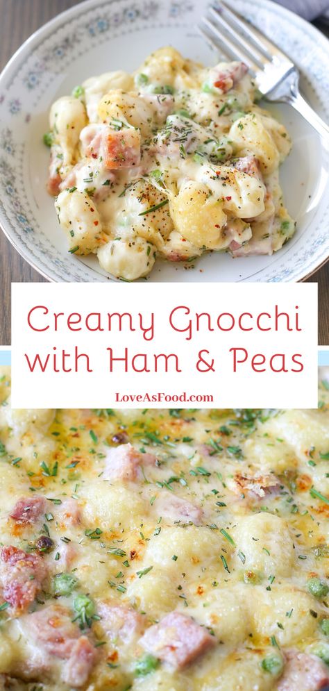 Creamy Gnocchi with Ham and Peas - Love As Food Ham And Cheese Gnocchi, Prosciutto Gnocchi Recipes, Ham Gnocchi Soup, Gnocchi And Cabbage Recipes, Ham Gnocchi Recipes, Things To Do With Ham, Ham And Gnocchi Recipes, Premade Gnocchi Recipes, Gnocchi Casserole Recipes