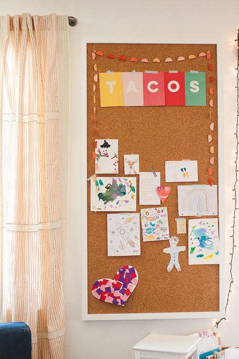 Oversized Cork Board, Cork Board Playroom, Giant Cork Board Wall, Kids Cork Board Ideas, Kitchen Bulletin Board Ideas, Painting Cork Board, Small House Projects, Diy Pin Board Ideas, Cork Wall Ideas