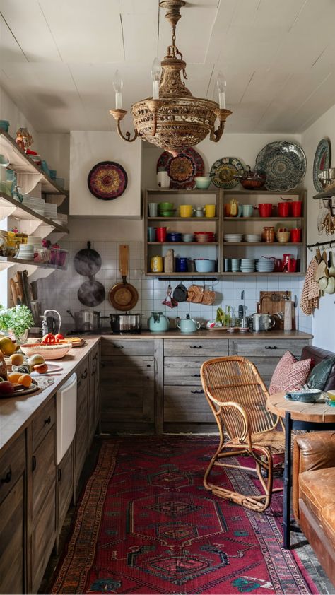 Enhance your space with eclectic charm by incorporating boho kitchen decor into your home. Achieve a cozy and inviting atmosphere with unique patterns, vibrant colors, and natural textures in your bohemian kitchen design. Embrace the free-spirited essence of boho style by mixing vintage finds with modern elements to create a personalized and inspiring cooking sanctuary. Eclectic Galley Kitchen, Eclectic Home Kitchen, Vintage Eclectic Kitchen, Boho Kitchen Ideas Bohemian Style, Bohemian Kitchen Design, Eccentric Kitchen, Boho Chic Kitchen, Eclectic Kitchen Decor, Casual Kitchen