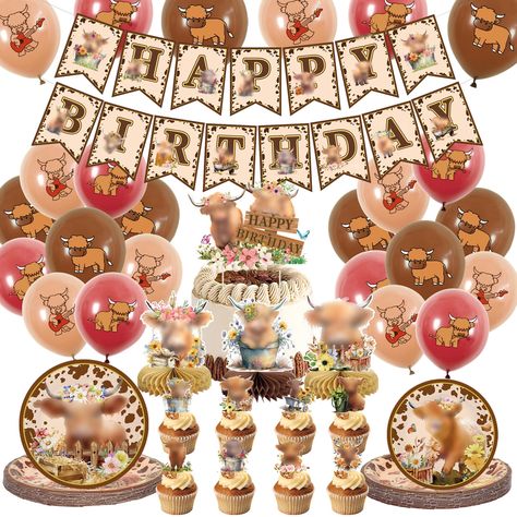 PRICES MAY VARY. 🐮【Highland Cow Party Set】Includes 1pc happy birthday banner, 24pcs 9" plates, 24pcs 7" plates, 24pcs latex balloons, 3pcs honeycomb centerpieces, 1pc cake topper, 24pcs cupcake toppers, providing everything you need for a unique and festive highland cow-themed birthday party. ✨【Quick and Easy Decoration】With the included banner, balloons, and centerpieces, you can effortlessly decorate your party venue, while the cake topper and cupcake toppers add a delightful touch to your de Cow Birthday Party Decorations, Highland Cow Birthday Party, Highland Cow Party, Highland Cow Birthday, Cow Birthday Party, Cow Birthday Parties, Cow Birthday, Kids Gift Guide, Happy Birthday Banner