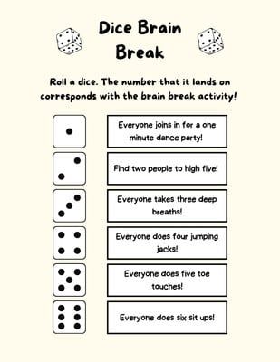 Dice Brain Break activity for students Energizer Activities, Brain Break Ideas, Activity For Students, Break Ideas, Health Game, Meeting Ideas, Conscious Discipline, Values Education, Brain Breaks