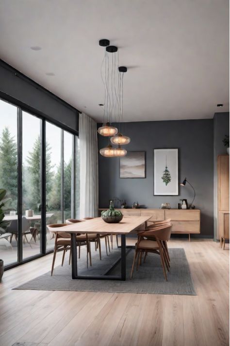 Open-concept Scandinavian living and dining area with cohesive design Scandi Style Dining Room, Scandinavian House Interior Design, Scandinavian Modern House Interiors, Comedor Aesthetic, Minimal Home Aesthetic, Dining Room High Ceiling, Industrial Scandinavian Interior, Nordic Design Interior, Dining Room Scandinavian Style