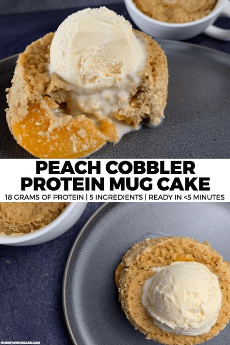 Peach Cobbler Mug Cake, High Protein Mug Cake, Protein Mug Cake Recipe, Mason Woodruff, Protein Mug Cake, Protein Mug Cakes, Mug Cake Recipe, Pumpkin Spice Donut, High Protein Low Calorie