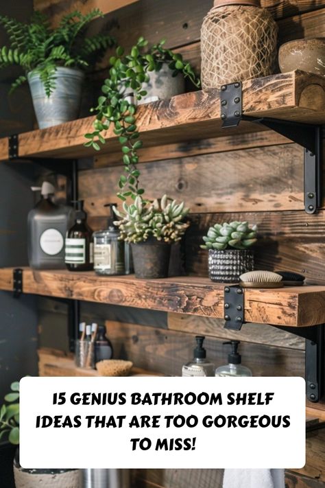 Maximize your bathroom space with style! 🛁✨ These 15 genius bathroom shelf ideas add both storage and beauty. Perfect for keeping your essentials organized and chic! #BathroomShelf #StorageIdeas #HomeDecor Rustic Floating Shelves Bathroom, Over Toilet Shelving Ideas, Small Bathroom Shelves Over Toilet Ideas, Corner Shelving Bathroom, Half Bath Shelves Over Toilet, Decorating Shelves In Bathroom, Pipe Shelves Bathroom, Bathroom Towel Rack Ideas Display, Rustic Shelving Ideas