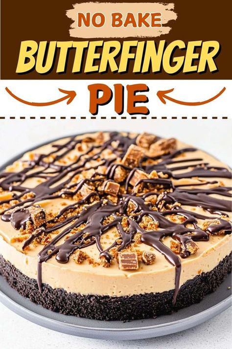 This no-bake Butterfinger pie is my new go-to dessert! With a silky, Butterfinger candy filling and an Oreo crust, it's to die for. Candy Bar Pie No Bake, Butterfinger No Bake Pie, Butterfinger Cheesecake No Bake, No Bake Butterfinger Cheesecake, No Bake Butterfinger Pie, Butterfinger Bundt Cake, Butterfinger Pie No Bake, Fun Christmas Dessert Ideas, Best No Bake Desserts