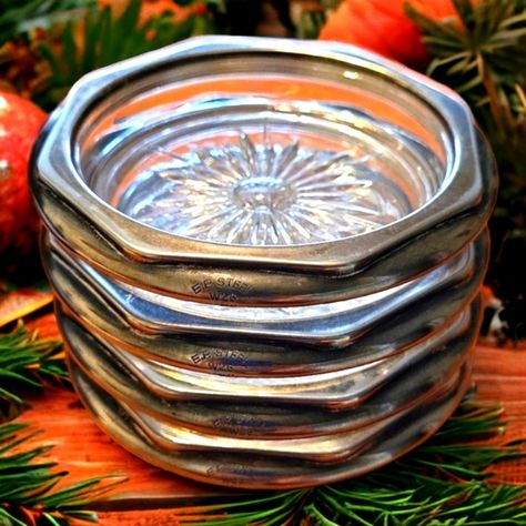 Vintage Glass and  EP Steel coasters made in Italy. Jewelry Dishes, Star Burst, Royal Stafford, Silver Glass, Glass Coasters, Glass Gifts, Jewelry Dish, Coral Color, Plate Sets