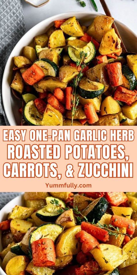 Forget about bland-tasting veggies! This One-Pan Garlic Roasted Potatoes, Carrots, & Zucchini are the perfect side dish for any protein entree. Garlic, rosemary, and thyme complement the caramelized flavors of the veggies for a unique garlic-herb aroma. Garlic Herb Roasted Potatoes, Roasted Potatoes Carrots, Carrots And Zucchini, Garlic Roasted Potatoes, Herb Roasted Potatoes, Carrot Fries, Rosemary And Thyme, Roasted Vegetable Recipes, Vegetable Side Dishes Recipes