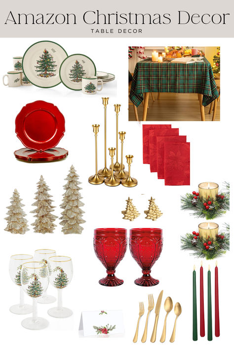 Red and Green Traditional Christmas Tablescape Inspiration Gold Plate Chargers, Traditional Christmas Table, Red Table Settings, Gold Candle Stick Holders, Amazon Christmas Decorations, Plate Chargers, Christmas Tree On Table, Amazon Christmas, Christmas Tablescape