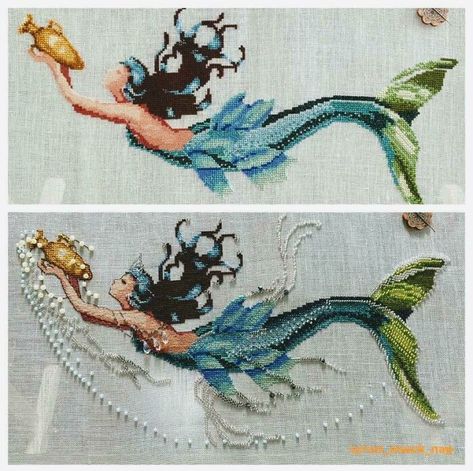 Witchy Stitcher, Disney Stained Glass, Mermaid Cross Stitch, Mermaid Embroidery, Applique Art, My Best Friend's Birthday, Beaded Cross Stitch, Cross Stitch Pictures, French Knot