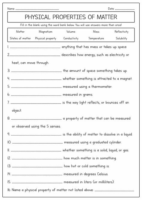 Physical Properties Of Matter, Matter Activities, States Of Matter Worksheet, Science Electricity, Science Quiz, Creative Worksheets, Matter Worksheets, Properties Of Matter, Matter Science