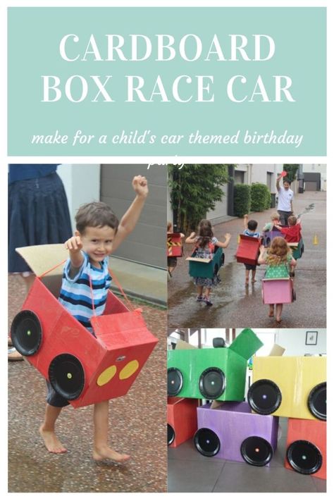 Box Car Diy Cardboard, Preschool Cardboard Box Car, Cardboard Box Racing Car, Traffic Birthday Party Theme, Cars Out Of Cardboard Boxes, Box Race Car Cardboard, Cardboard Box Race Car, Make A Car Out Of A Box Kids, Diy Car Cardboard