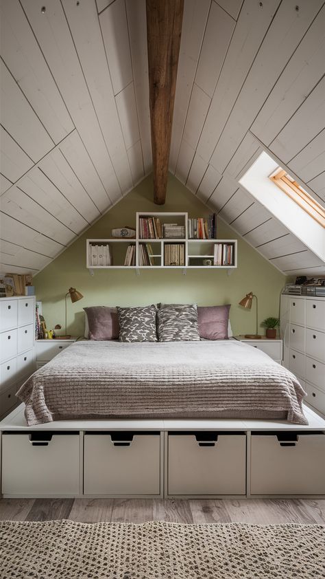 Inspiring Small Attic Bedroom Ideas for Cozy, Stylish Spaces with Slanted Walls Low Attic Ideas, Attic Bedroom Ideas Slanted Walls, Low Ceiling Attic Bedroom, Small Attic Bedroom Ideas, Low Ceiling Attic, Low Ceiling Bedroom, Small Attic Bedroom, Small Spaces Storage, Attic Bedroom Ideas