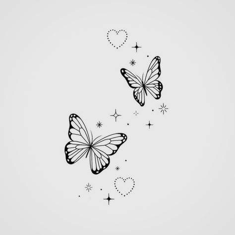 Hearts And Butterfly Nails, Butterfly With Sparkles Tattoo Design, Butterfly With Heart Tattoo, Butterfly Tattoo With Sparkles, Butterfly Tatoos Woman, Butterfly With Sparkles Tattoo, Small Tattoo Ideas For Women Unique, Cute Fine Line Tattoos, Two Butterflies Tattoo