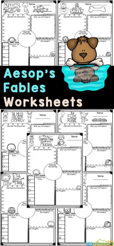 These fun, free printable Aesops's Fables worksheets are a great way to learn morals, read some quality literature, and work on reaching comprehension too. Use these printables to teach Aesop's Fables for kids. There are 10 different fable worksheet pages for kindergarten, first grade, 2nd grade, 3rd graders to learn to read, have fun and understand the meaning of different morals. Simply print fables for 2nd grade and you are ready to go! Aesop's Fables For Kids, Fables Activities, Books For 1st Graders, Comprehension Bookmarks, 4th Grade Books, History Lessons For Kids, Fable Books, 3rd Grade Books, Fables For Kids