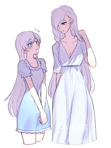 Winter and Weiss pajamas Mother And Daughter Drawing Anime, Anime Woman With White Hair And Purple Eyes, Anime Mother And Daughter Art, Mother And Daughter Reference, Mother And Daughter Drawing Reference, Mother Oc Art, Anime Mother Oc, Mother And Son Anime, Mother Daughter Anime