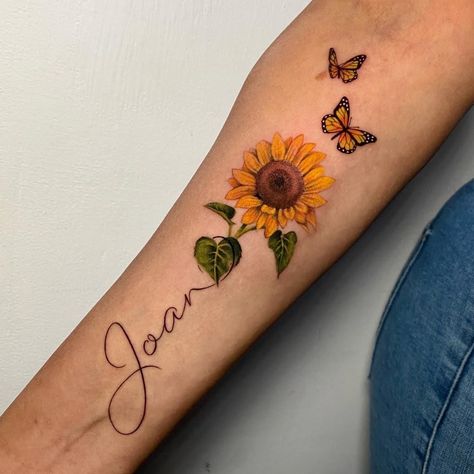 Sunflower Rose And Butterfly Tattoo, Sun Flower And Butterfly Tattoos, Sunflower Tattoos With Names, Sunflower Tattoo With Name In Stem, Tattoo For Two Sons, No Color Tattoos, Sunflower With Name Tattoo, Sunflower Name Tattoo, Sunflower Tattoo With Name