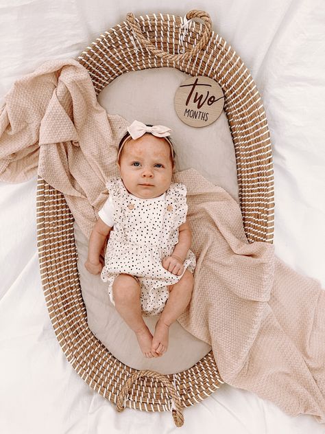 Baby In Basket Pictures, Newborn Basket Pictures, Monthly Picture Ideas, Monthly Baby Photography, Milestone Ideas, Baby Stats Sign, Baby Changing Basket, Two Month Old Baby, Newborn Basket