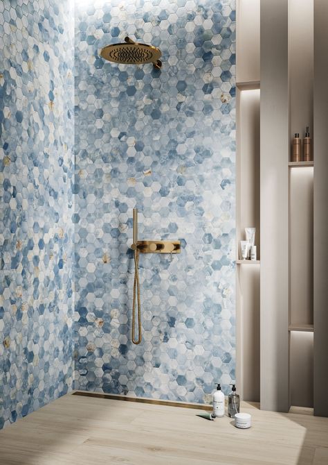 Blue Mosaic Tile Bathroom Shower Walls, Blue Tiles In Bathroom, Statement Shower Tile, 13x7 Bathroom Layout, Bathroom Mosaic Tile Ideas Wall, Blue Tiled Shower Ideas, Greek Villa Bathroom, Blue And Wood Bathroom, Coastal Showers