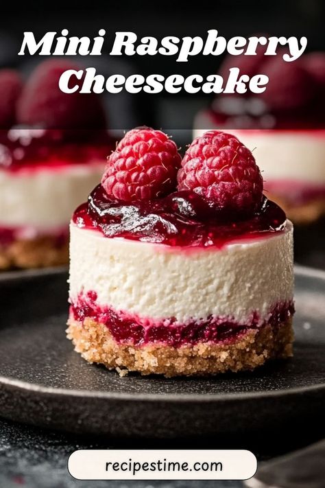 These mini raspberry cheesecakes are sweet, creamy, and topped with fresh raspberries—perfect for a bite-sized dessert! #MiniCheesecakes #RaspberryDesserts Raspberry Topping For Cheesecake, Mini Raspberry Cheesecake, Raspberry Cheesecake Topping, Rasberry Cheesecake, Raspberry Cheesecakes, Raspberry Cheesecake Bites, Mini Cheesecake Bites, Creative Breakfast, Raspberry Desserts