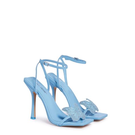 Blue Cuz Be In Bloom All Year Long! These Heels Have A Vegan Leather Construction, Studded Butterfly Detailing On The Uppers, Stiletto Heels, And Ankle Strap Closures. Blue Butterfly Heels, Pale Blue Heels, Dress Tiktok, Butterfly Y2k, Dress Reference, Blue Stilettos, Butterfly Heels, Public Desire Shoes, Fashionable Work Outfit