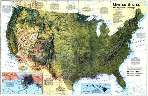 ""United States: The Physical Landscape" 1996 map by National Geographic in 1996 [2298x1490]" by Maps-and-Music in MapPorn United States Geography, National Geographic Animals, Map Quiz, National Geographic Maps, Physical Map, Physical Geography, Geography Map, Remote Sensing, United States Map