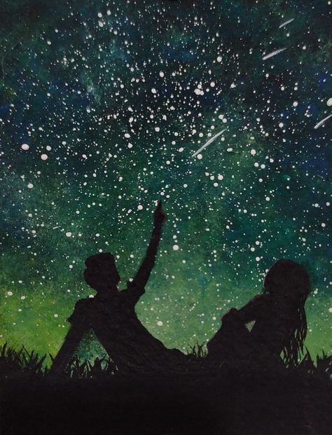 Night Canvas Painting Moonlight, Couple Looking At Stars Drawing, Star Gazing Painting, Looking At The Stars Drawing, Stargazing Painting, Love Painting Ideas For Him, Painting Couple Ideas, Paintings About Love, Stargazing Art