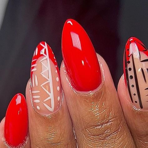 BIG LO the almond slayer on Instagram: "🗿🛖🛕.,  . . #002 gel is unmatched @vbeautypure ❤️ . . #tribalprint #tribal #tribalprintnails #rednails #frenchtip #frenchtips #frenchtipnails #dfwnails #dallasnails #dallasnailtech #dfwnailtech" Mixed Nail Shapes, Almond Gel Nails Fall, French Manicure Designs Almond Shape, Red Nails Dark Skin, Cute Homecoming Nails, Trendy Fall Nails Acrylic, Designs For Almond Shaped Nails, Fun Gel Nails, Colorful French Tip Nails