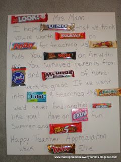 Teacher Appreciation Week Gift Ideas - Making Memories With Your Kids Candy Bar Poster, Candy Bar Posters, Teachers Appreciation Week Gifts, Candy Board, Candy Grams, Candy Poster, Secret Pal, Staff Appreciation, Candy Cards