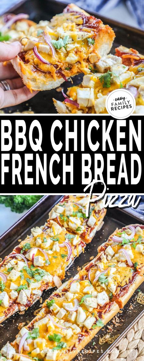 Ty this super simple weeknight barbecue chicken pizza. It is gooey and cheesy, filled with everyone's favorite BBQ flavors, and ready in 30 minutes. Mix it up and get the whole family involved by adding their favorite toppings! With multiple ways to make this pizza and nearly no prep, it is sure to be a family favorite! Chicken French Bread Pizza, Chicken French Bread, Chicken French, Barbecue Chicken Pizza, Easy Bbq Chicken, Chicken Pizza Recipes, French Bread Pizza, Bbq Chicken Recipes, Best Dinner