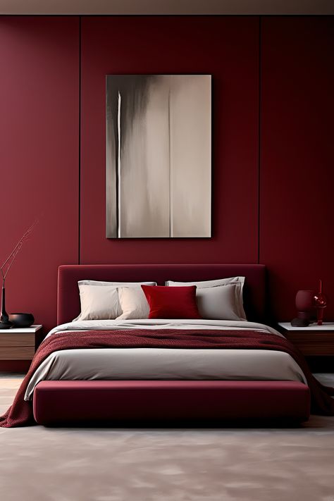 Embrace the contemporary elegance with a maroon feature wall, sleek bed, and elegant grey accents in your bedroom. Dark Red Bedroom Walls, Maroon Bed, Gray Red Bedroom, Bedroom Ideas Red, Maroon Bedroom, Red Bedroom Walls, Redecorate Room, Maroon Interior, Burgundy Room