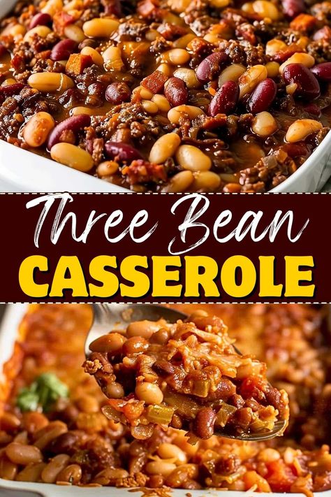 This three-bean casserole is perfect for any gathering! Packed with beans, ground beef, and bacon in a tangy sauce, it's so tasty and satisfying! Bean Casserole Recipes Easy, Three Bean Casserole, Ground Beef And Bacon, Baked Bean Casserole, Bacon Casserole, Savory Sides, Cowboy Beans, Baked Bean Recipes, Pork N Beans