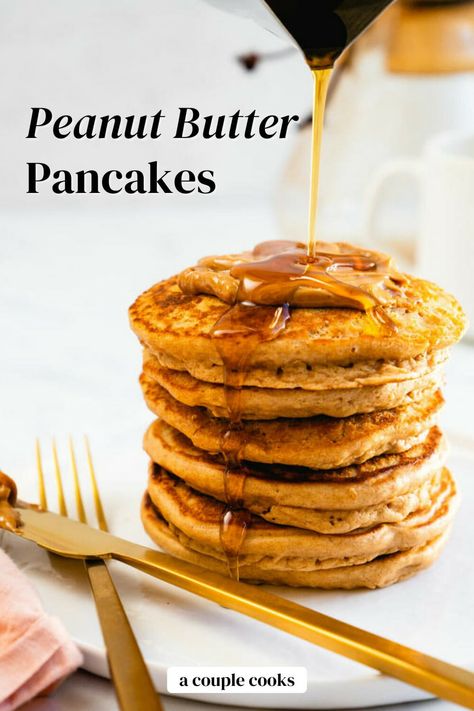 These peanut butter pancakes are fluffy and full of flavor! Top them with bananas, maple syrup and...another slather of peanut butter. #peanutbutter #pancakes #peanutbutterpancakes #easypancakes Oatmeal Blender Pancakes, Peanut Butter Pancake Recipe, Cold Dip Recipes, Blender Pancakes, Peanut Butter Pancakes, Butter Pancakes, A Couple Cooks, Homemade Peanut Butter Cups, Pancake Toppings