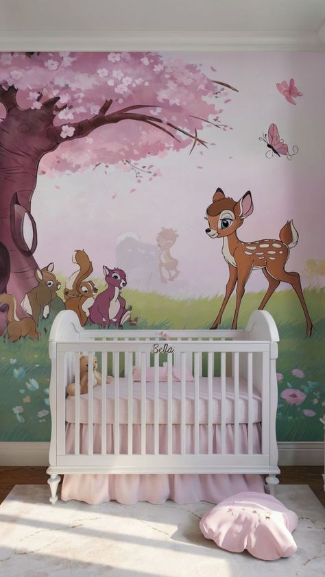 A whimsical baby girl nursery with a pink and green mural featuring woodland animals under a cherry blossom tree, a white crib with pink bedding and a personalized "Bella" name sign, and soft accents like a pastel pink pillow and plush toy. Early 2000s Nursery, Disney Baby Nursery Ideas, Disney Nursery Ideas Girl, Cherry Blossom Mural, Girl Nursery Inspiration, Blossom Mural, Bambi Nursery, Disney Baby Nurseries