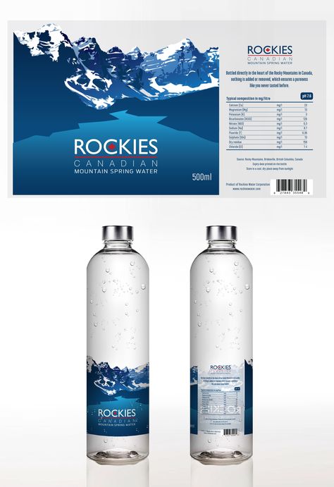 Water Label Design, Bottle Design Water, Spring Water Bottle, Water Bottle Label Design, Mountain Spring, Mineral Water Bottle, Trendy Water Bottles, Water Packaging, Wine Bottle Design