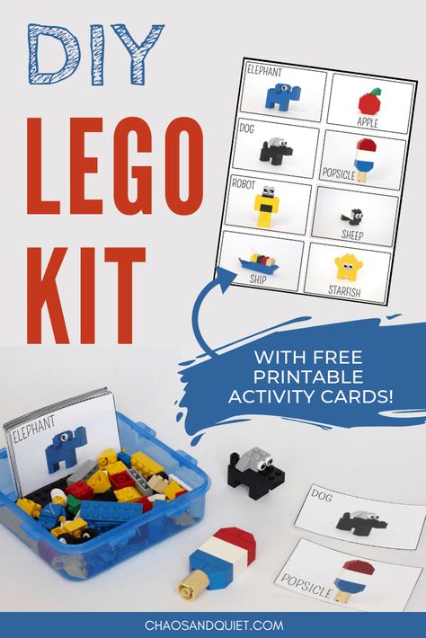 Travel LEGO Kit (With 32 FREE Printable Activity Cards!) | Chaos & Quiet Lego Printable, Lego Therapy, Lego Auto, Lego Challenge, Lego Kits, Diy Lego, Activities Printable, Lego Club, Road Trip Activities