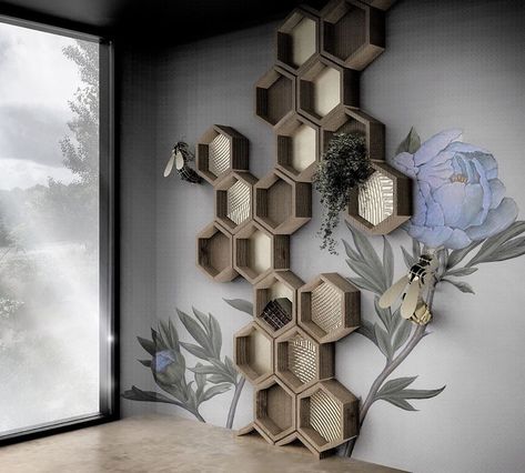 Honeycomb Furniture Design, Beehive Bookshelf, Honeycomb Bookshelf, Honeycomb Headboard, Hexagon Furniture, Bee Pictures Art, Living Room Lighting Ideas, Room Lighting Ideas, Accent Wall Designs