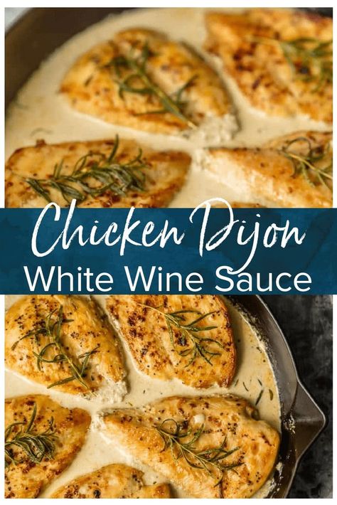 Chicken Dijon with White Wine Sauce is an easy ONE PAN meal with so much flavor! The Dijon Chicken in white win sauce is so juicy and moist and smothered in the most amazing sauce. Nothing is better than White Wine Chicken with Dijon. White Wine Recipes Cooking, Chicken Dijon, Chicken White Wine Sauce, White Wine Sauce Recipes, Chicken Wine, White Wine Recipes, White Wine Chicken, Wine Chicken, Fit Meals