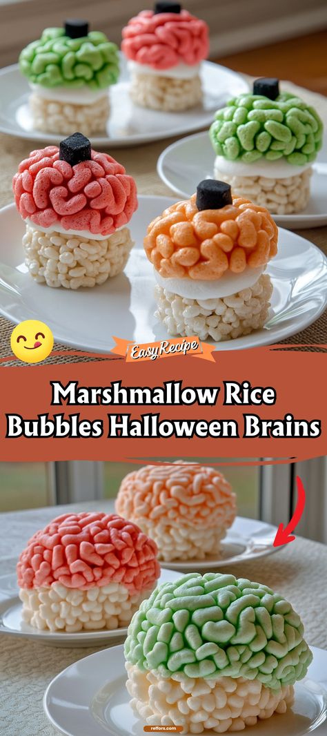 Unleash some frightful fun with our Marshmallow Rice Bubbles Halloween Brains. These marshmallow treats are molded into brain shapes, making them perfect for Halloween parties or trick-or-treat goodies. #HalloweenTreats #MarshmallowBrains #SpookyFun Brain Shape, Halloween Deserts, Rice Bubbles, Chicken Cake, Spooky Food, Marshmallow Treats, Creamy Mac And Cheese, Puffed Rice, Rich Chocolate Cake