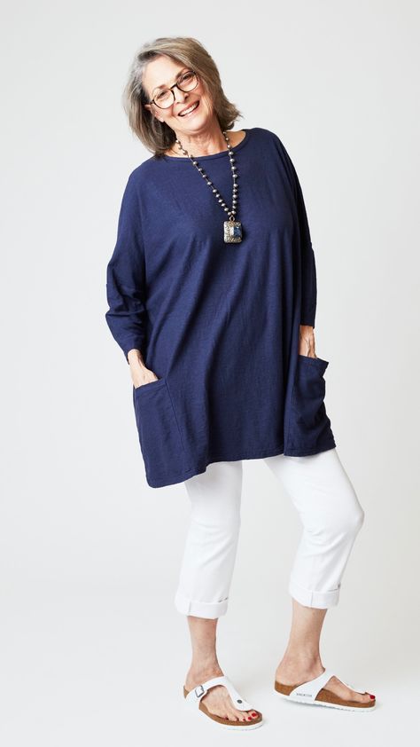 A year-round favorite, our Roomy Two Pocket Tunic is an easy go-to top for your active lifestyle. Pop it on over leggings, jeans or palazzos, and you’re ready to go. Since introducing this great looking tunic, our regulars have returned again and again as “repeat offenders”. This simple style is also a great canvas for your favorite accessories and scarves! Cotton/Linen Jersey Blend Bust 64" Length 33" Easy-to-wear and easy-to-care-for: Machine wash with like colors, tumble dry on low. Iron if n Simple Tunic, Modest Clothing Women, Weight Changes, Pocket Tunic, Simple Room, Romper And Jacket, Modest Clothing, Everyday Basics, Linen Tunic