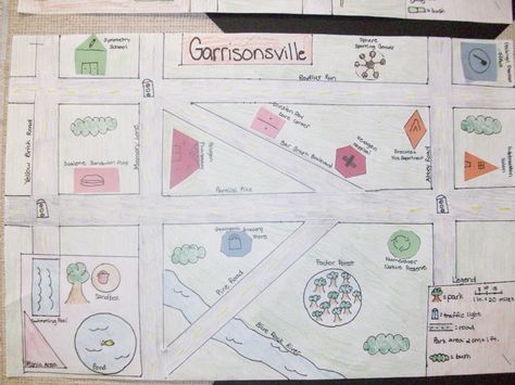 Student sample of Geometric Town. Geometry Town Project, Different Types Of Triangles, Geometry Projects, 4th Grade Classroom, 10th Grade, House Layout Plans, House Layout, Bullet Journal Mood, Math Projects