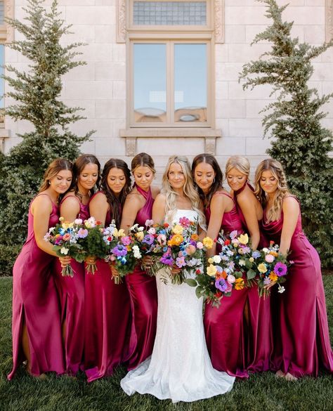 The vibrant wedding of our dreams 😍⁠ ⁠ Featuring Jade, Athena, Maxine, Athena, and Giada in Fuchsia Satin⁠ ⁠ Photography:… | Instagram Wedding Colors For May Weddings, Wedding Color Schemes Hot Pink, Raspberry Pink Bridesmaid Dresses, Magenta Bridesmaids Dresses, Fusia Wedding Theme, Spring Wedding Bridesmaid Dresses, Raspberry Pink Wedding, Vibrant Color Wedding Theme, May Wedding Bridesmaid Dresses