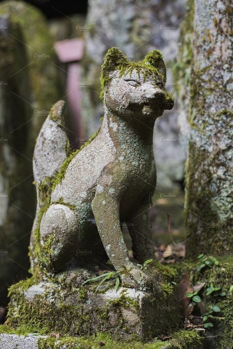 Fox Statue Japan, Japanese Sculpture Traditional, Kitsune Statue, Kitsune Aesthetic, Japanese Sculpture, Fox Statue, Japanese Statue, Mossy Forest, Fox Spirit