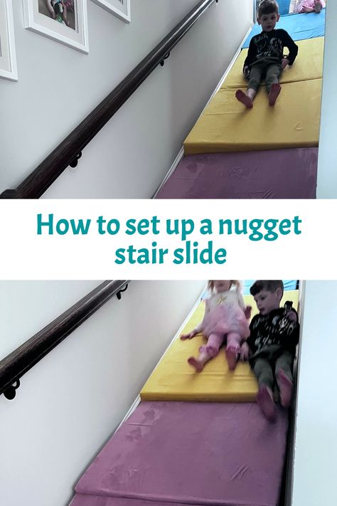 Want to set up a nugget stair slide? Here is the easiest way – including tips on how many nuggets you need and which way to flip them for best success! Nugget Basketball Build, Nugget Stair Slide, Nugget Slide Ideas, Nugget Couch Ideas Two, Nugget Slide, 1 Nugget Couch Ideas, Nugget Builds, Fort Ideas, Nugget Couch